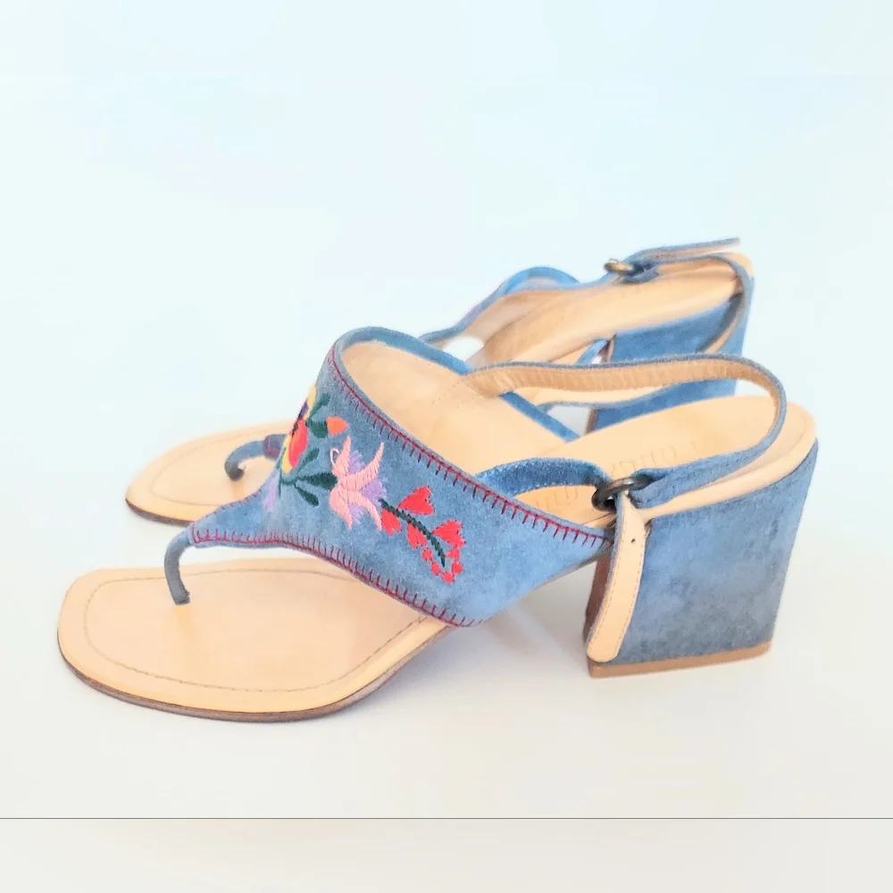 Miu Miu Embroidered Blue Suede Block Heel Sandals Size US 5.5 EU 35.5